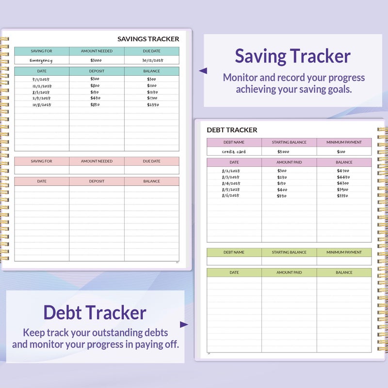 ساني مخطط ميزانية SUNEE - كتاب ميزانية شهرية مع دفتر ملاحظات لتتبع النفقات، مقاس A4 (8.5 بوصة × 11 بوصة) غير مؤرخ، منظم فواتير لمدة 12 شهرًا ومخطط مالي لإدارة أموالك، دفتر حسابات مع علامة تبويب ملونة، أرجواني - Image 5